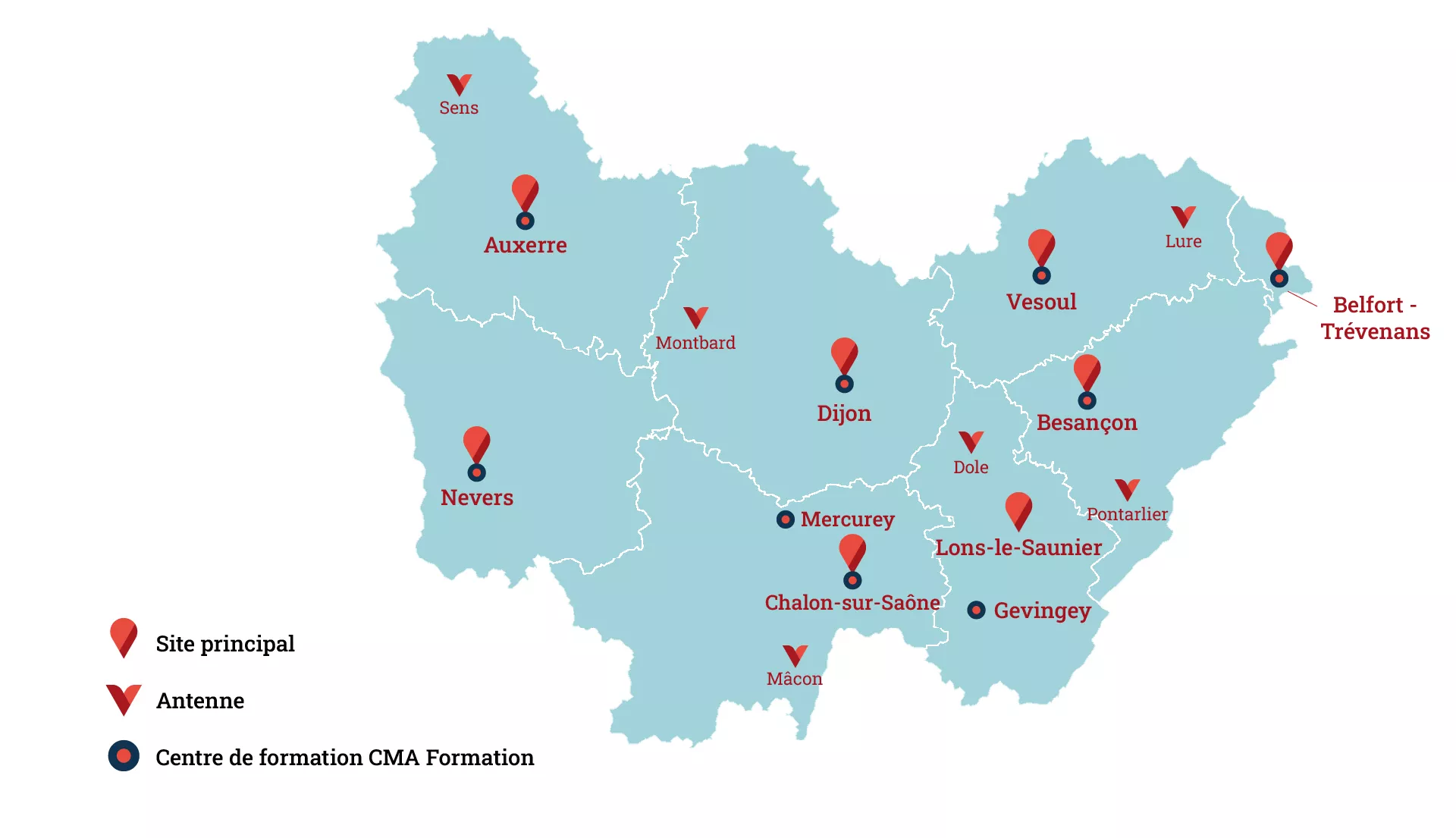 Carte du réseau de la Chambre de Métiers et de l'Artisanat en Bourgogne Franche-Comté